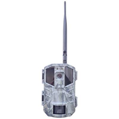 Surveillance camera with camouflage design and antenna, suitable for outdoor use in the wilderness.