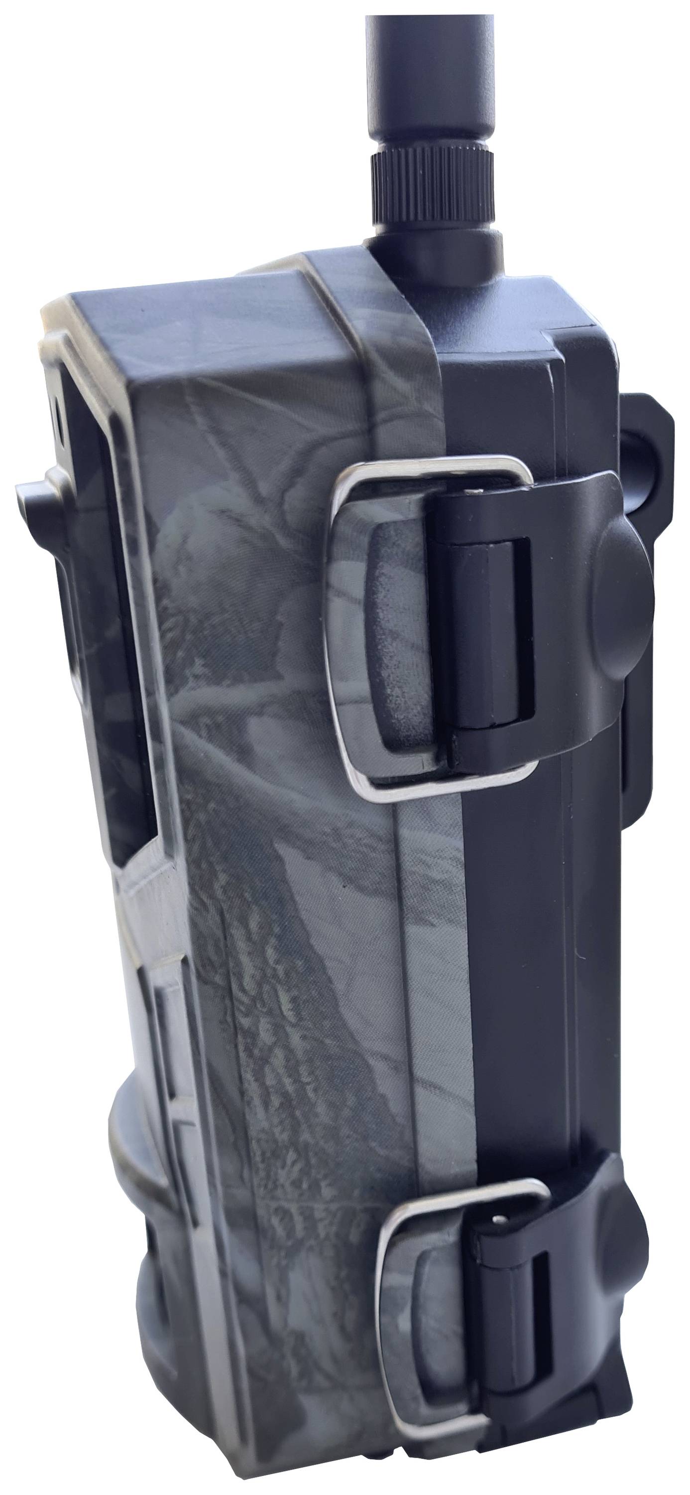 A wildlife camera with camouflage housing and an antenna, side view. Device for monitoring animals in the wild.