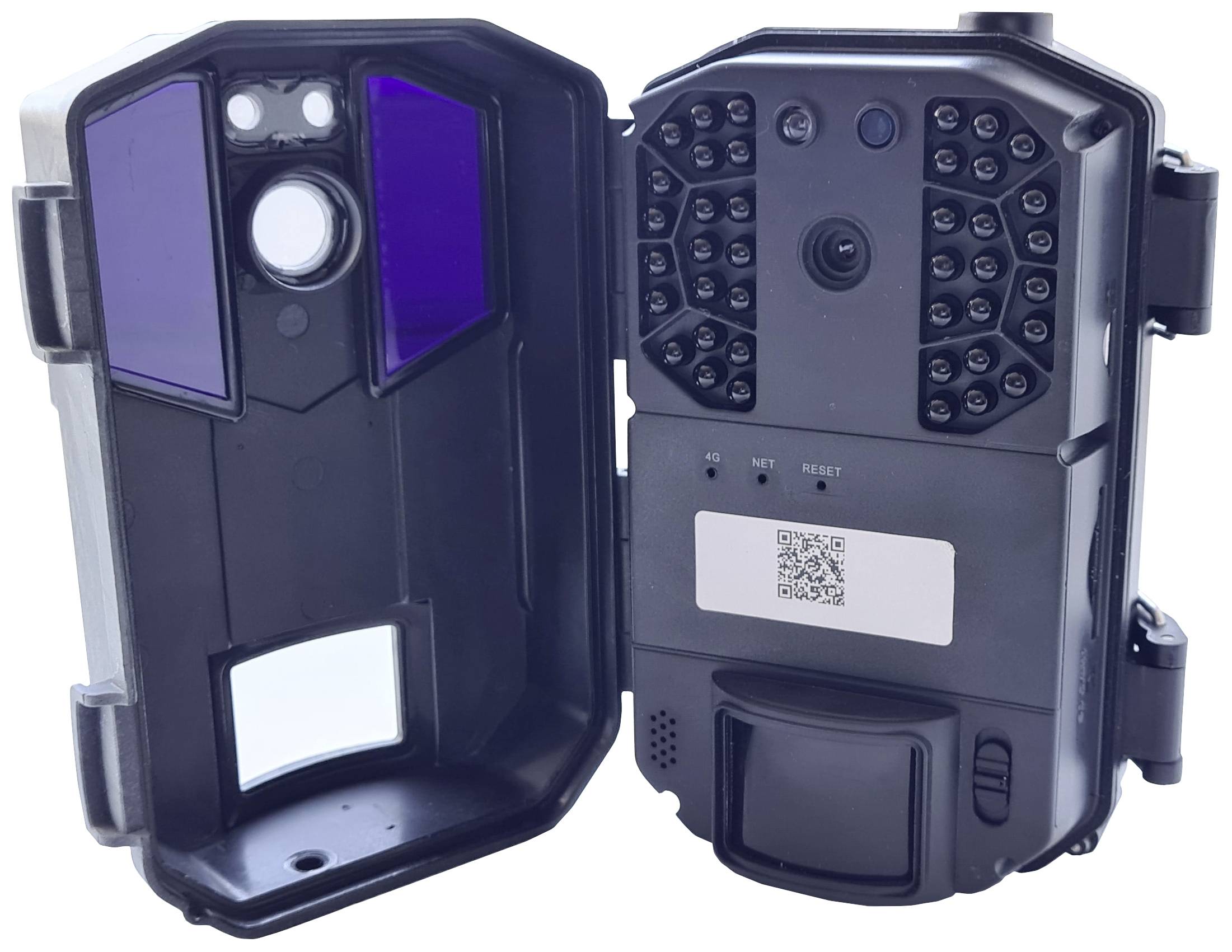 Wildlife camera with open housing, showing the interior on the left and the camera with lens, LEDs, and QR code on the right.