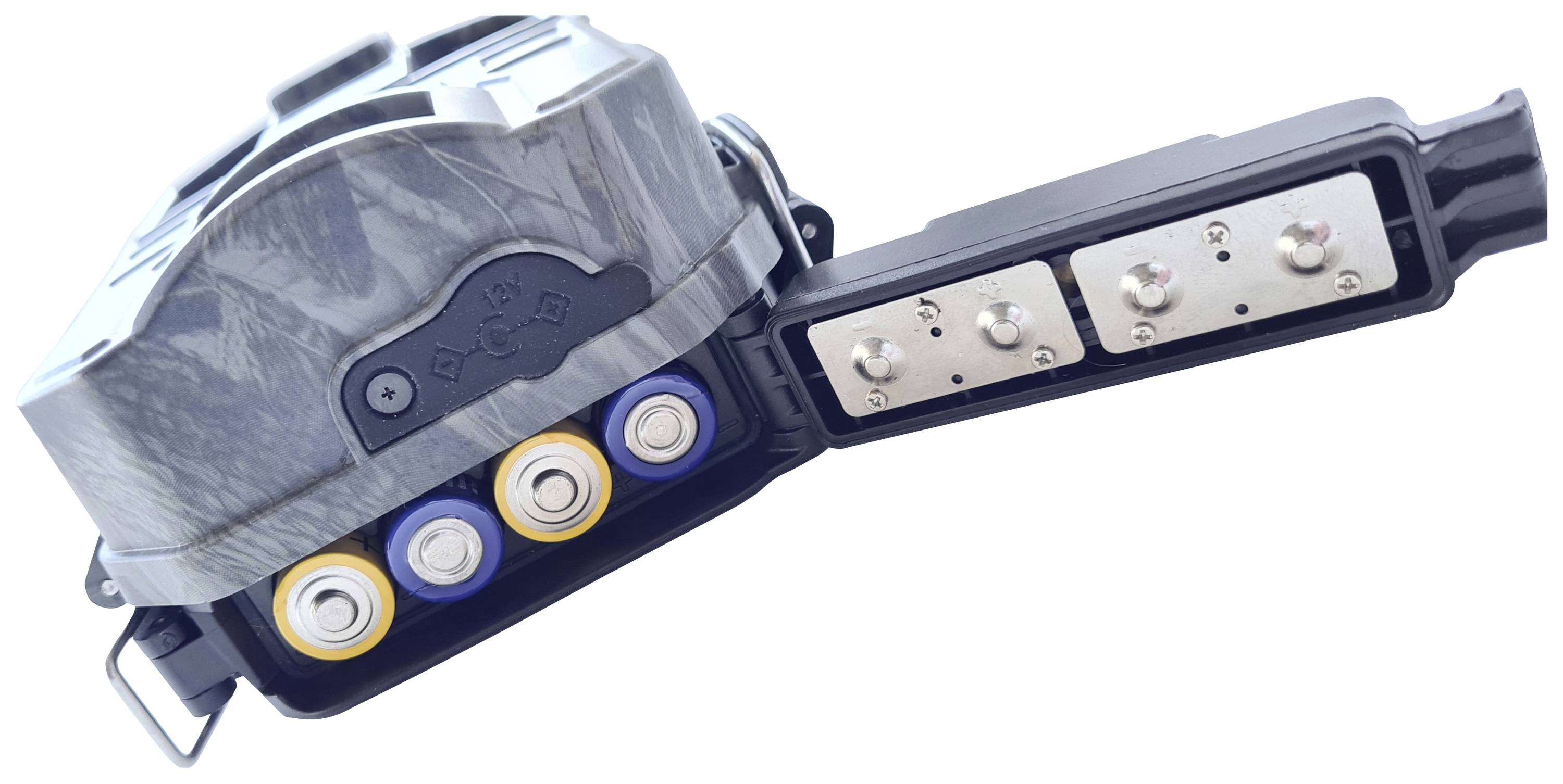 An electrical device with various ports and switches. On the left, three visible LED lights in blue and yellow are present.