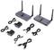 Two grey wireless audio transmitters with aerials, three power adapters and various cables, including USB and audio cables, on a white background.