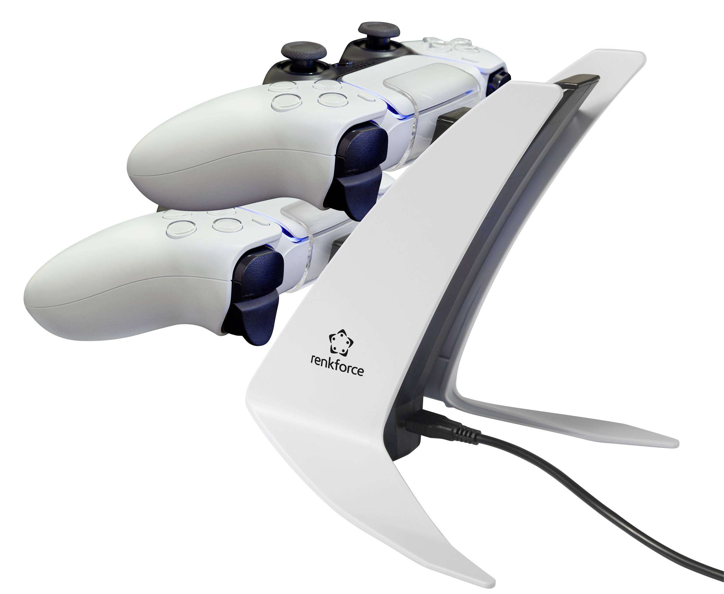 'Two white game controllers on a charging dock'