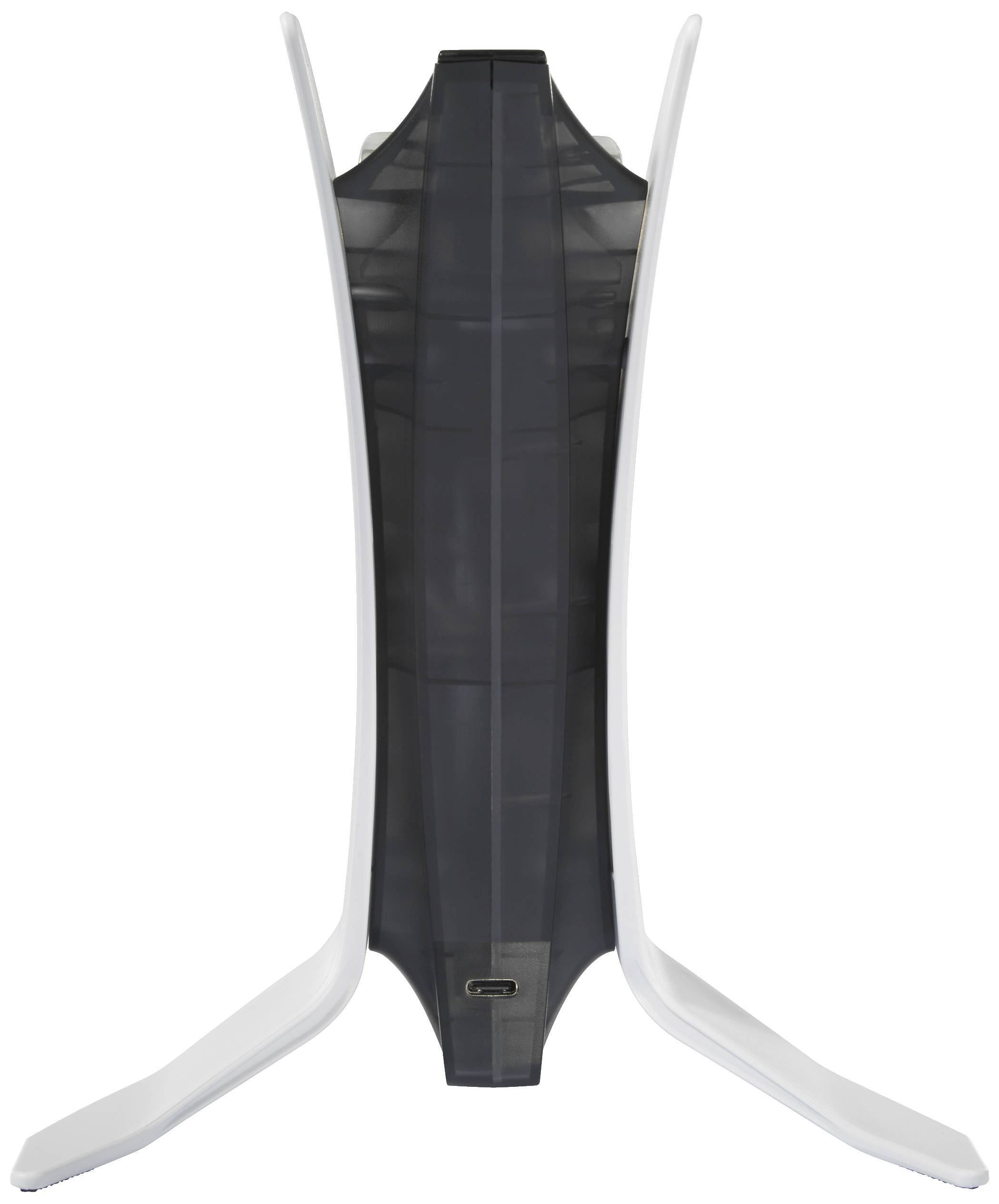 Half-transparent plastic stand with a black central section and white side wings.