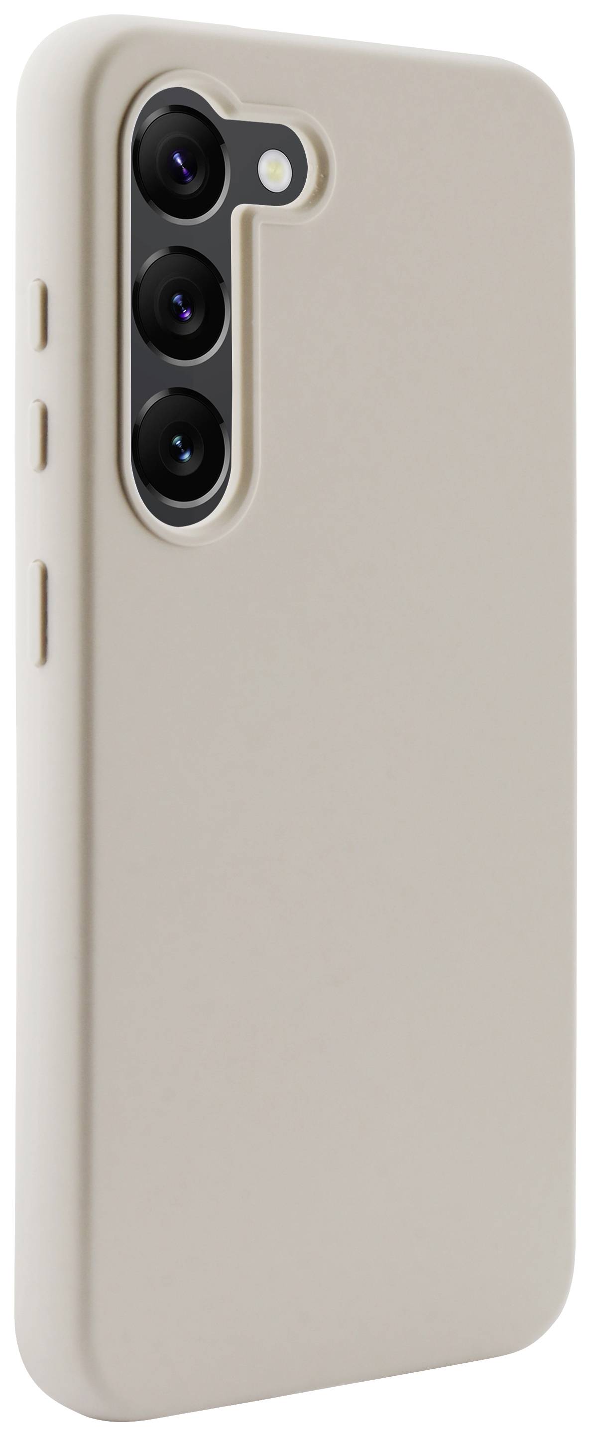 A smartphone in a cream-coloured case, showing three camera lenses on the back.