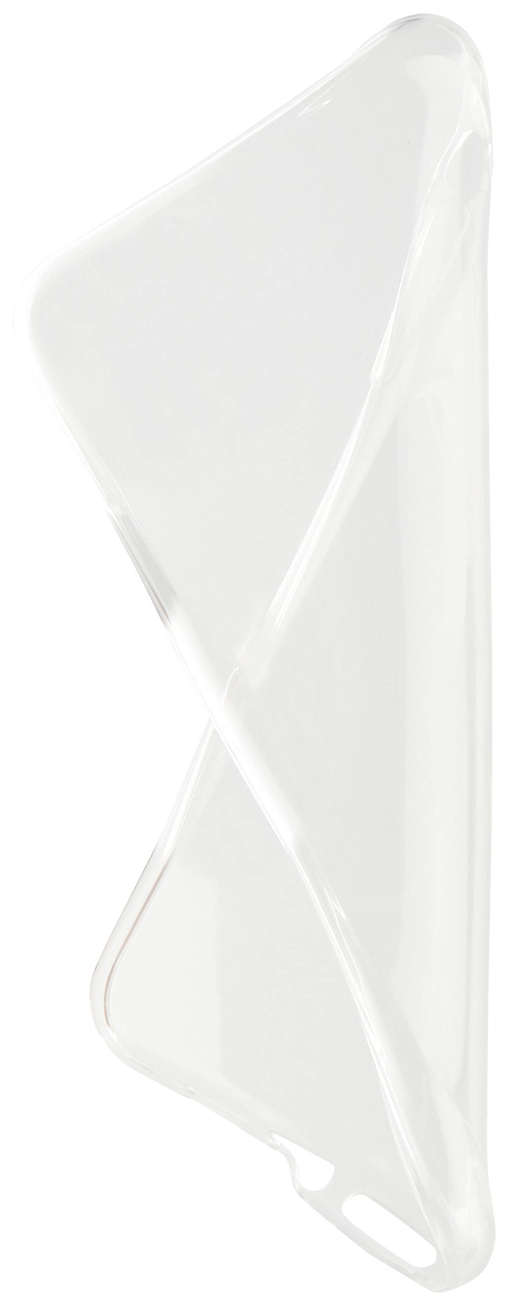 Transparent mobile phone case made of flexible material, photographed at an angle from the back.