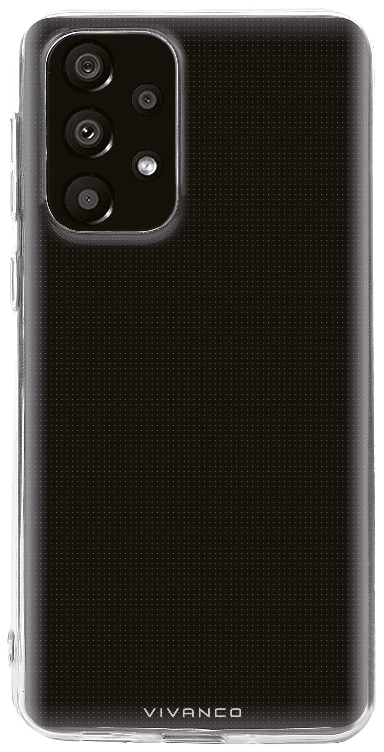 Smartphone in a black case, vertical rear view. Four camera lenses and flash in the top left corner.