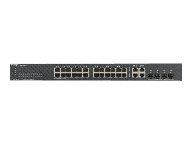 A 24-port network switch by Zyxel, model GS1920-24, with two additional connections on the right-hand side.
