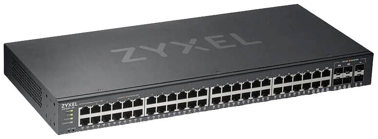 A black Zyxel network switch with 48 Ethernet ports, suitable for deployment in enterprise networks for data distribution.
