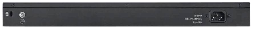 Back of a black electronic device with power connection and switches for fuse and power supply.