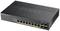 A black network switch with eight Ethernet ports and two additional connections. Branded with the brand name 'Zyxel'.
