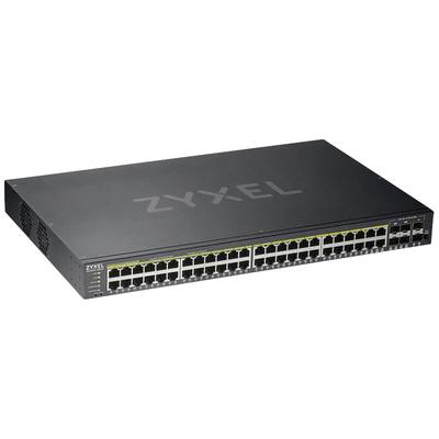 48-Port Gigabit Network Switch by Zyxel with 4 Additional SFP Ports for Enhanced Connectivity in a Black Enclosure.