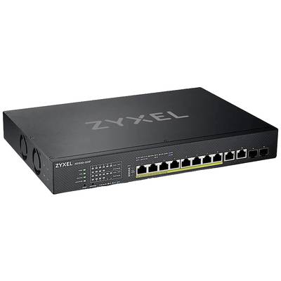 A black network switch from Zyxel with 24 Ethernet ports and multiple LED indicators on the front.