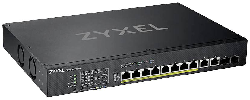 A black Zyxel network switch with multiple Ethernet ports and LED indicators on the front panel.