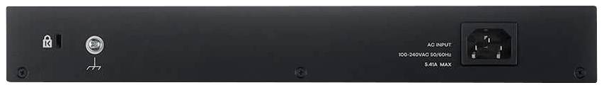 Black power strip of an electronic device with power connection on the right and a lock symbol on the left.