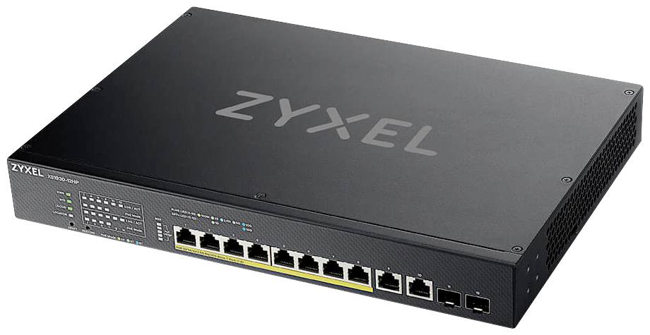 A black Zyxel network switch with multiple Ethernet ports and status indicator lights on the front panel.