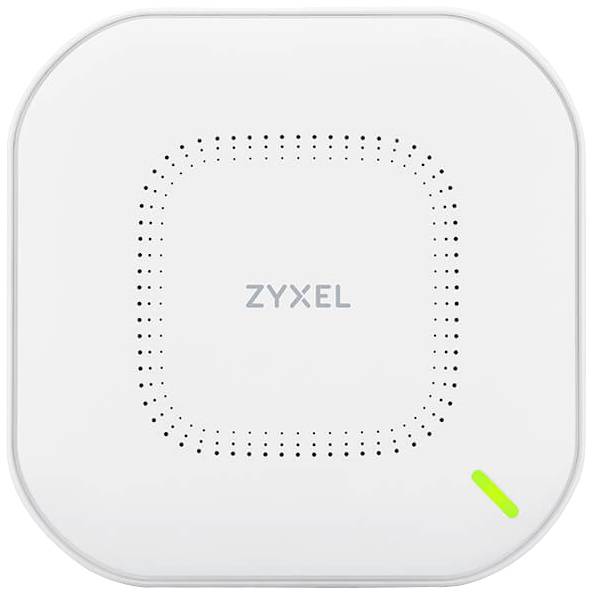 A white Zyxel Wi-Fi access point with a green LED indicator in the bottom right corner.