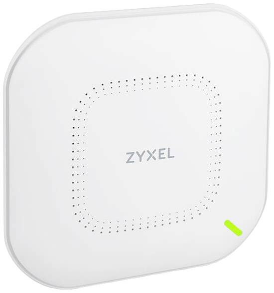 White, square network router by Zyxel with rounded corners and a green indicator light in the bottom right corner.