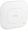 White, square network router by Zyxel with rounded corners and a green indicator light in the bottom right corner.