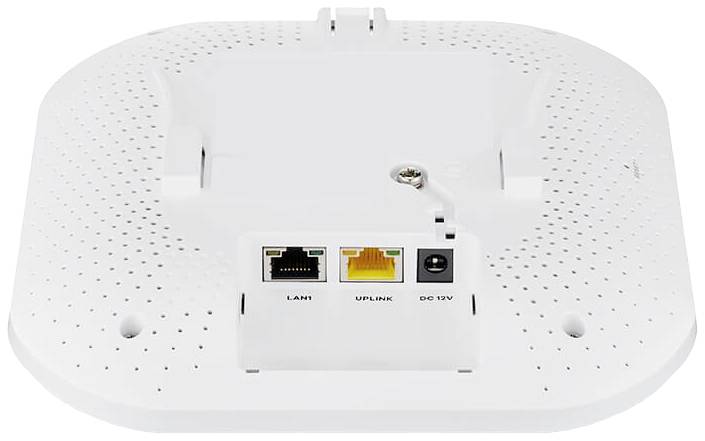 A white Wi-Fi access point viewed from below, showing connections for 'LAN1', 'Uplink' and 'DC 12V'; used for network connectivity.