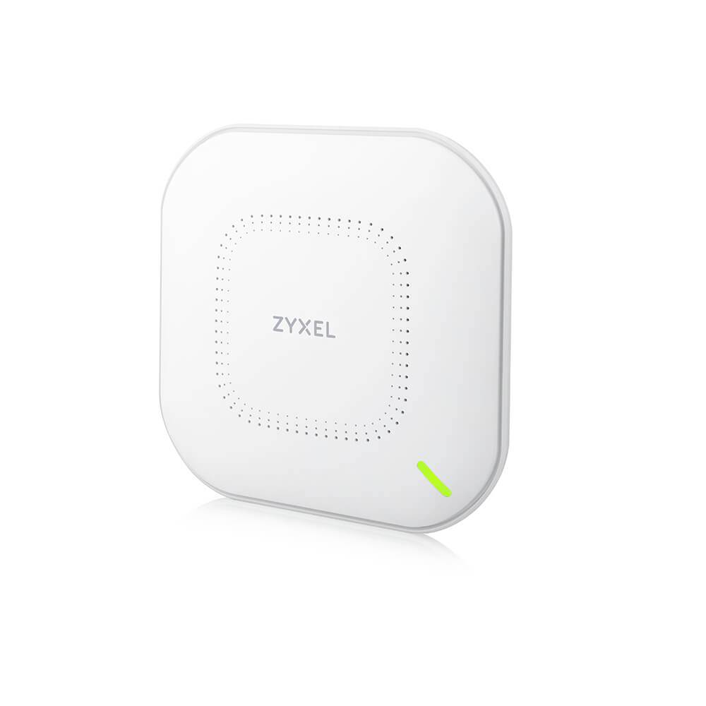 A white Zyxel Wi-Fi access point with rounded corners and a green LED light in the bottom right corner.