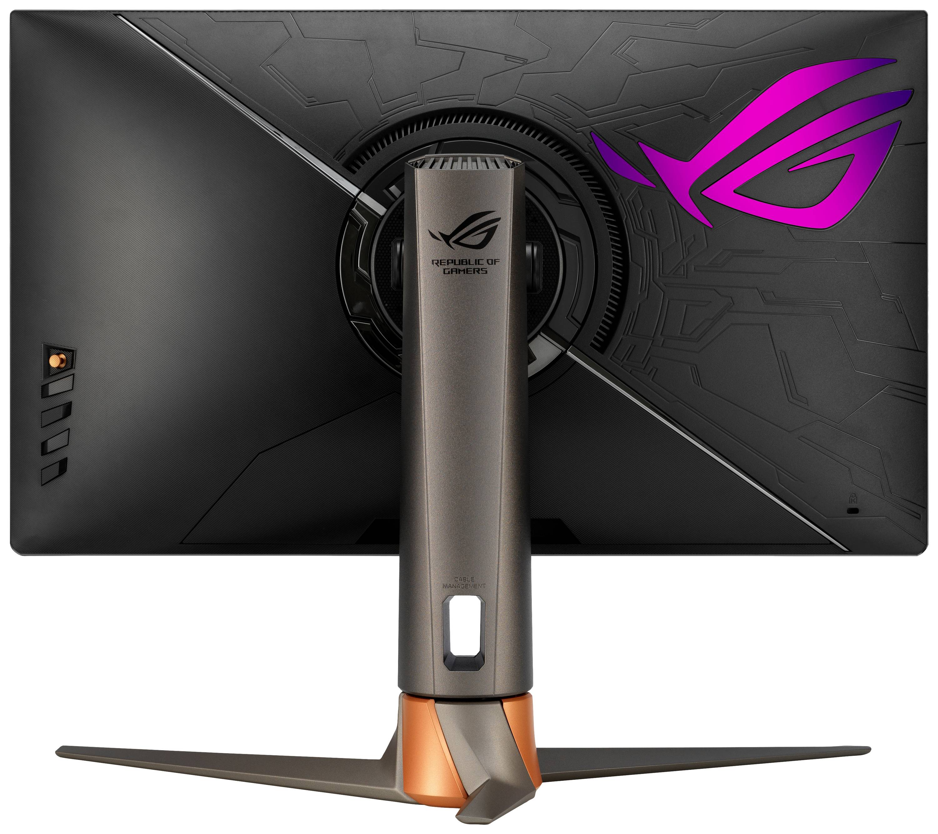 Back of a gaming monitor with a striking design and illuminated logo. The stand is sturdy and ergonomically adjustable.