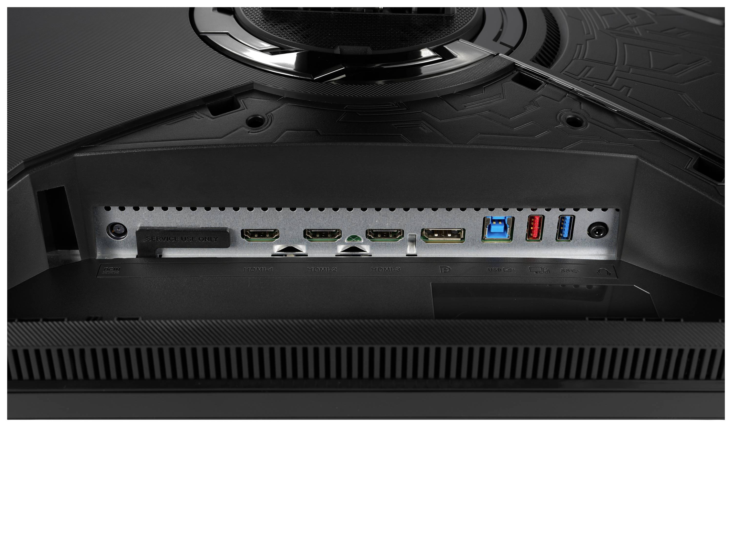 Back of a monitor with connections: two HDMI ports, one DisplayPort, audio, USB 3.0, and USB-C. Ventilation slots are also visible.