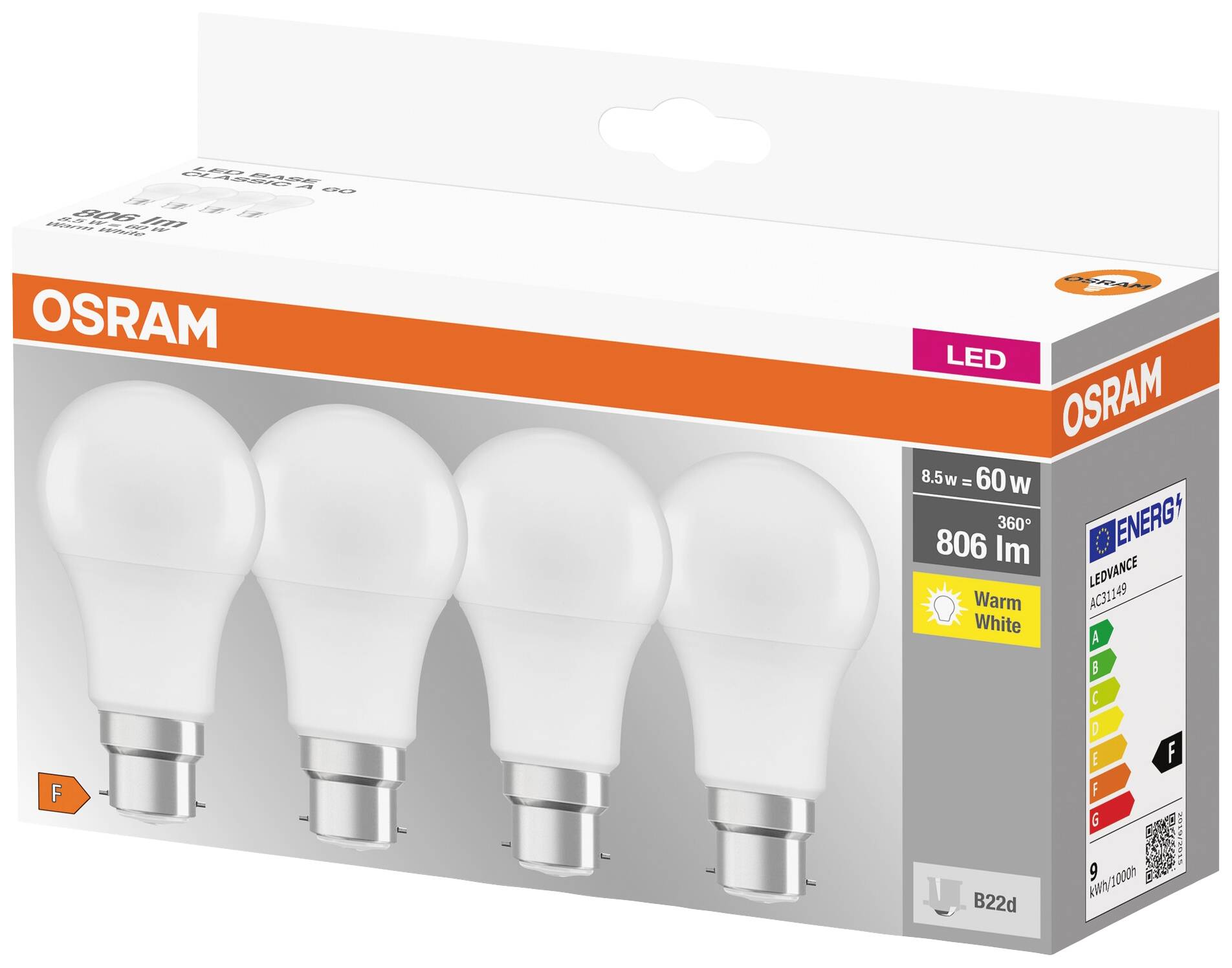 OSRAM LED light bulb pack, 4 pieces, 8.5W, 806 lumens, warm white, Energy Efficiency Class F, B22d bayonet fitting.