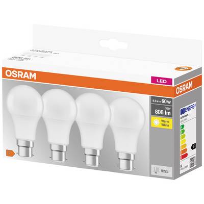 OSRAM LED light bulb pack, 4 pieces, 8.5W, 806 lumens, warm white, Energy Efficiency Class F, B22d bayonet fitting.