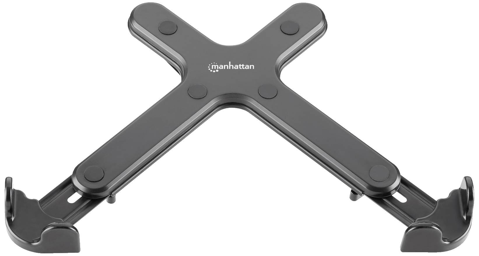 Black, cross-shaped laptop stand by Manhattan, adjustable with non-slip grips at the ends.