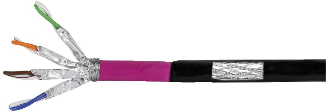 A cable with multiple coloured cores, surrounded by silver foil, demonstrates a partially shielded structure.