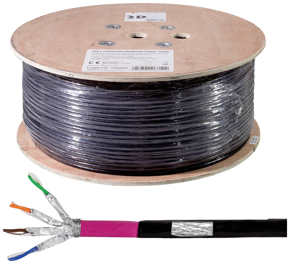 Roll of black network cable, cable ends with colour-coded conductors. Suitable for professional data transmissions.
