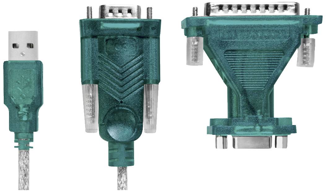 'Three green adapter cables: USB to VGA and two VGA ports. Showing various connections and adapter configurations.'