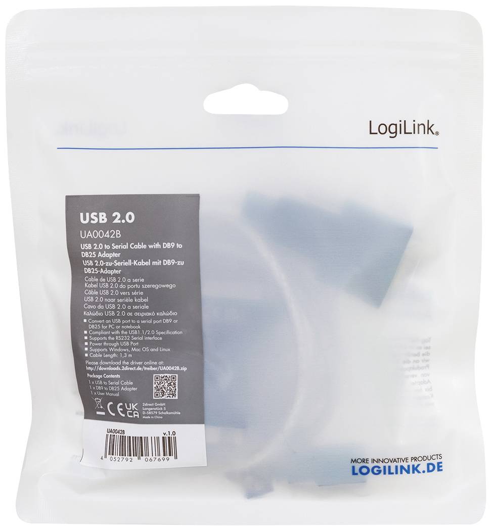 A packaging containing a LogiLink USB 2.0 serial cable. Product details are printed on a label.