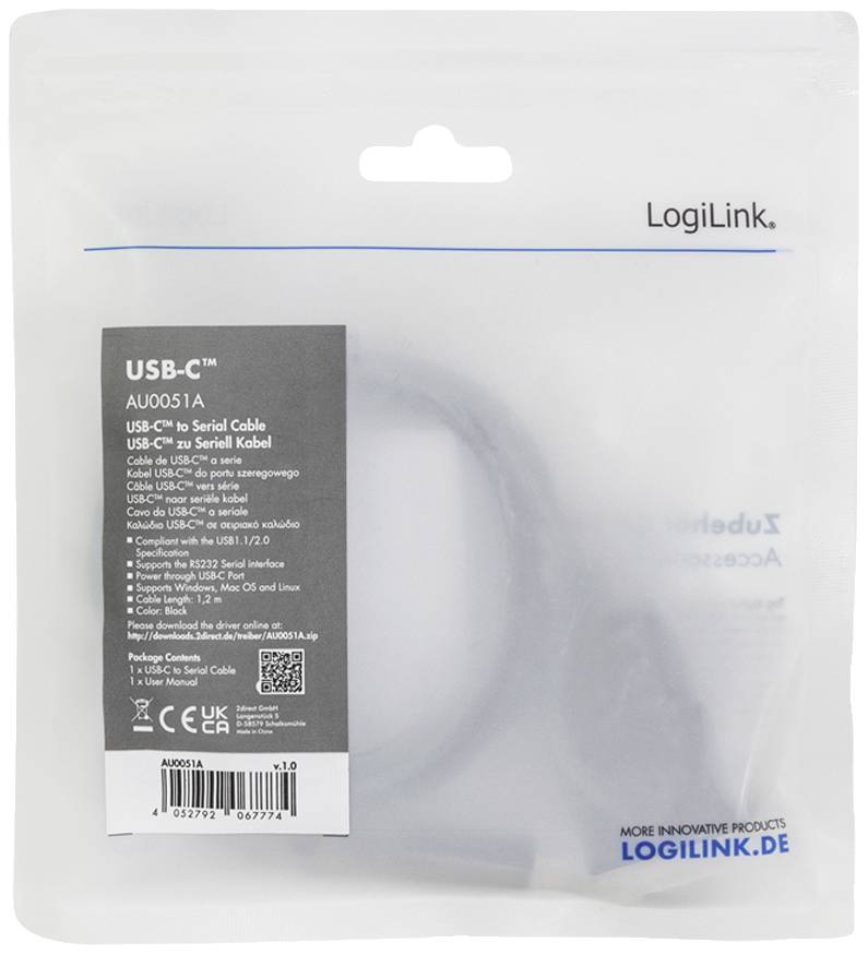 'LogiLink USB-C to USB-C Serial Cable' packaging in a clear plastic bag. Contains cable details, manufacturer name and website.
