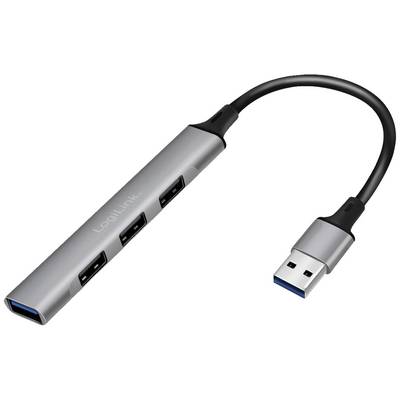 A silver USB hub with three USB ports on the side and a short cable with a USB plug at the end.