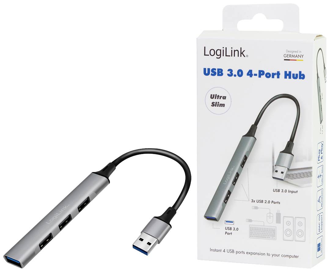 A grey USB hub with four ports lies beside its packaging, which depicts the same hub.