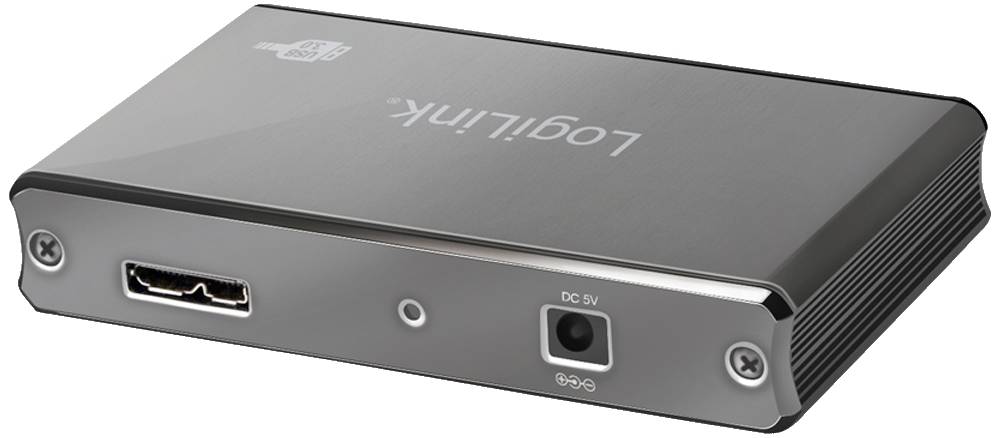 External hard drive enclosure with HDMI output, audio connection, and DC 5V power input, suitable for connecting to multimedia devices.