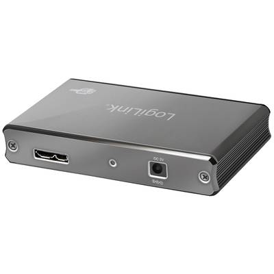 External hard drive enclosure with HDMI output, audio connection, and DC 5V power input, suitable for connecting to multimedia devices.