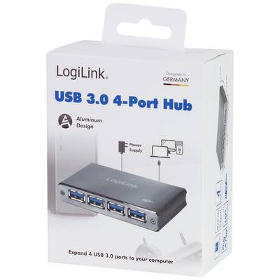 LogiLink USB 3.0 4-Port Hub in Aluminium Design. Packaging shows hub with four ports and diagram for use with power source. Developed in Germany.