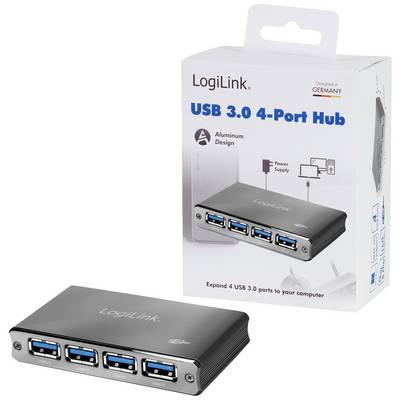 USB 3.0 Hub with 4 Ports by LogiLink in Aluminium Design. Packaging displays product image, mentioning power supply, developed in Germany.