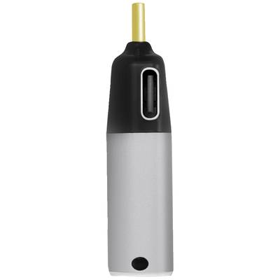 A silver-black, cylindrical pen with a narrow yellow shaft at the top, which serves as an electronic stylus.