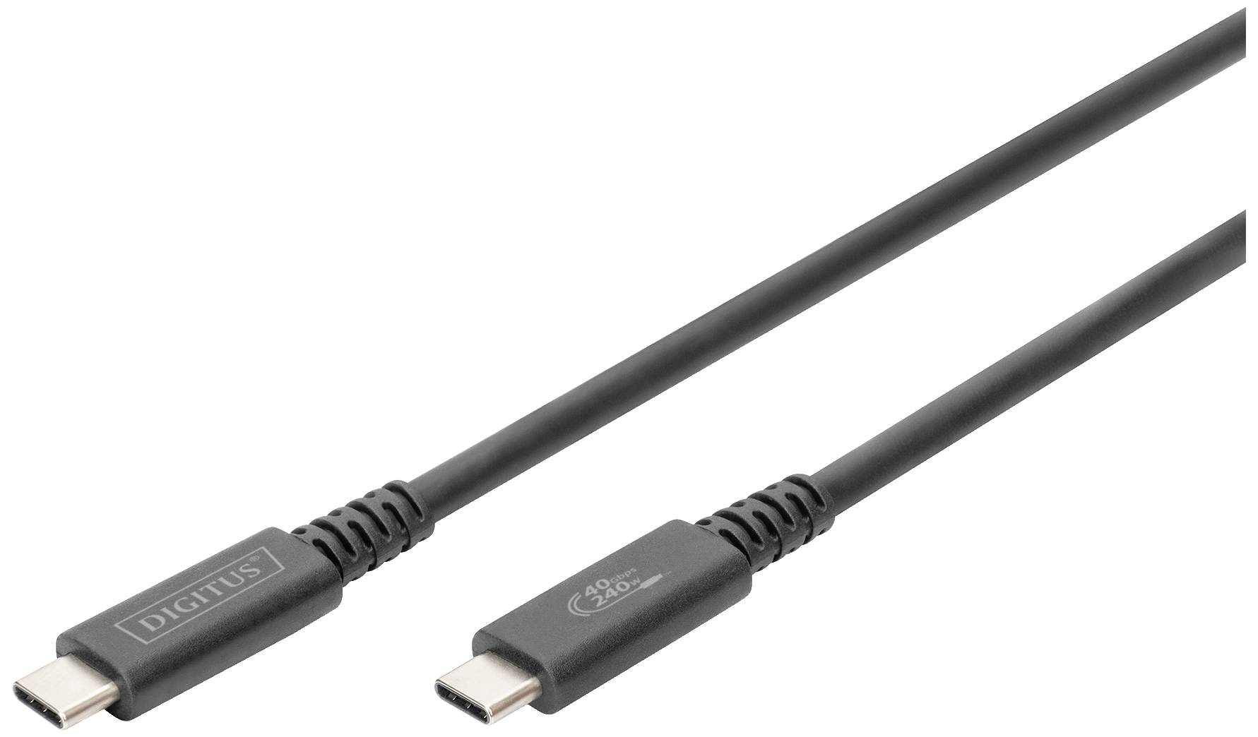 A black USB-C cable with two connectors, suitable for data transfer and charging devices.