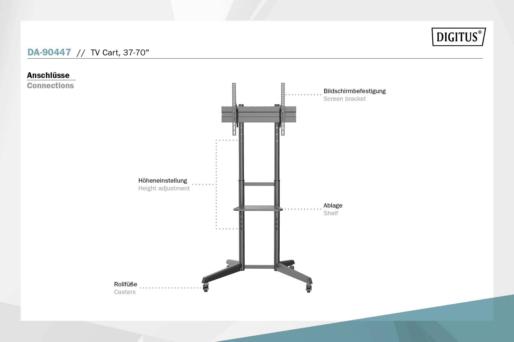 'DA-90447 TV Cart' demonstrates the connection of a laptop to a TV, both mounted on a wheeled trolley. An application example for presentations.