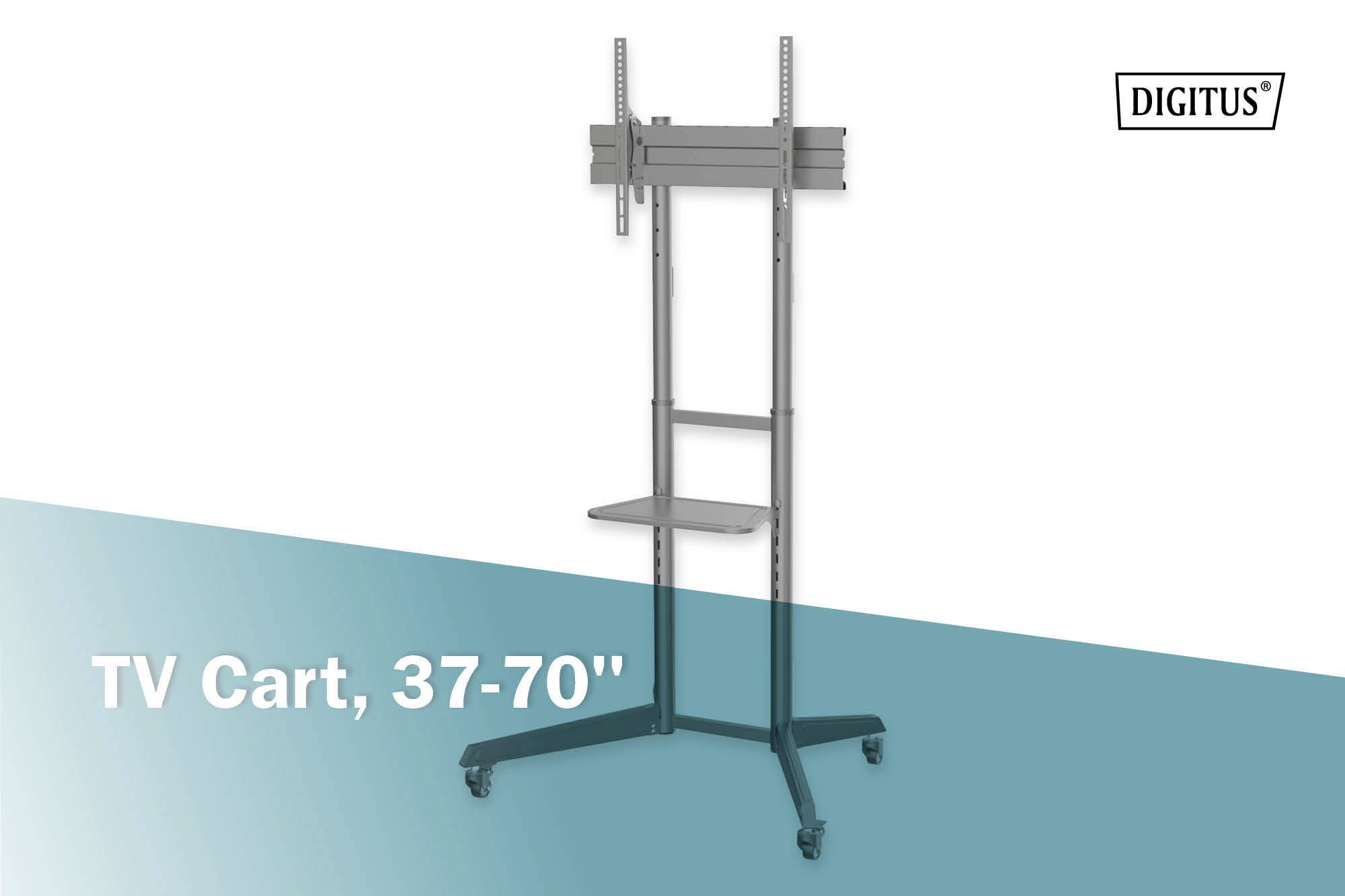 TV trolley suitable for 37-70 inch televisions, mounted on wheels for flexibility, with height adjustment and shelf, brand 'Digitus'.