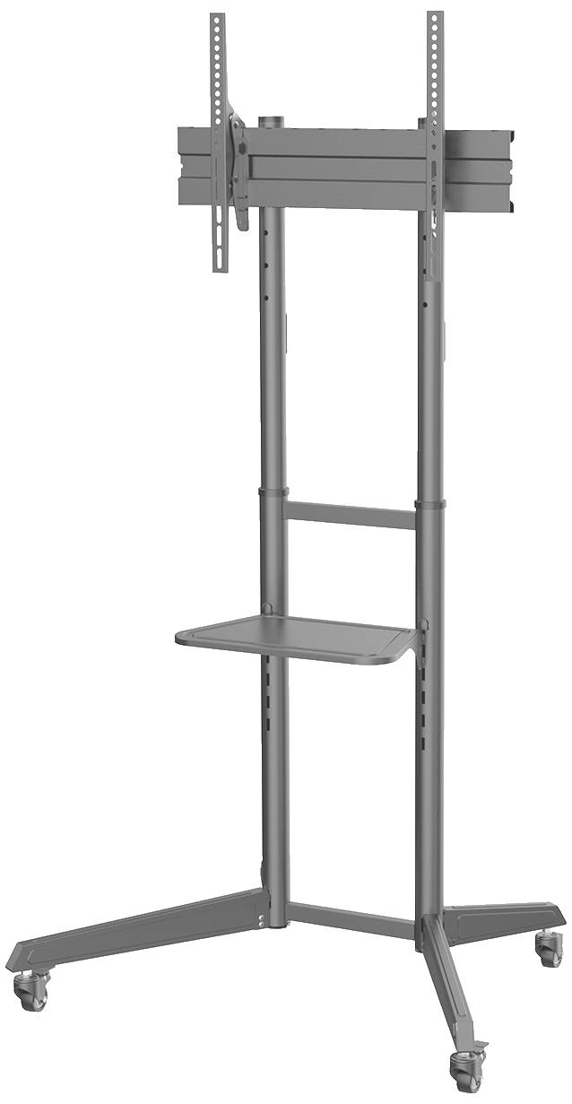 A height-adjustable TV stand on wheels, suitable for presentations or office use. Sturdy construction with storage surface.