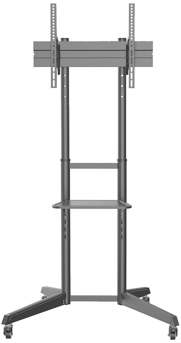 Mobile metal TV stand with wheels and height adjustment. Suitable for large screens, ideal for offices or presentations.