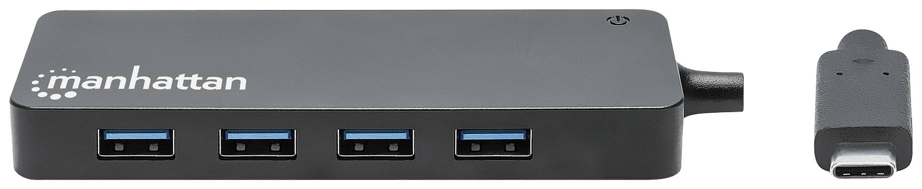 USB Hub with four ports and USB-C plug, Manhattan brand. Enables connection of multiple devices to a single USB-C port.