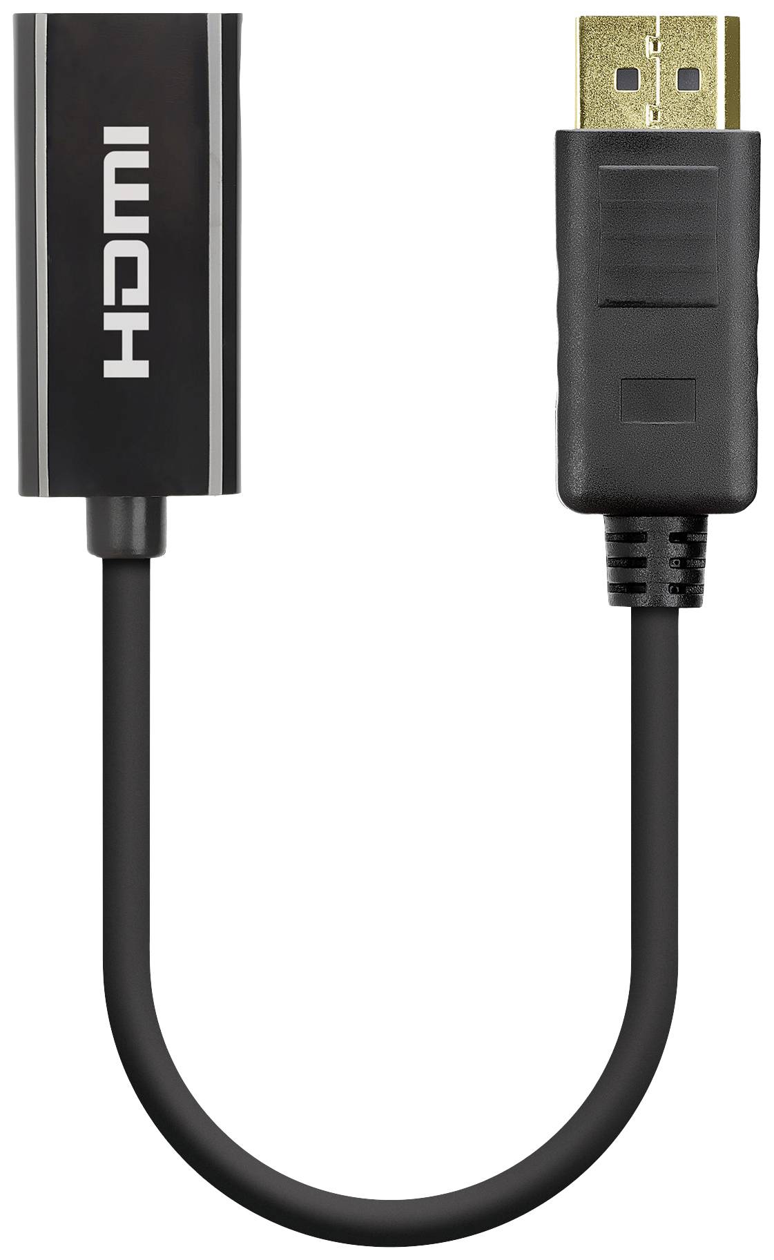Black HDMI to DisplayPort cable with an HDMI connector on the left and a DisplayPort plug on the right.