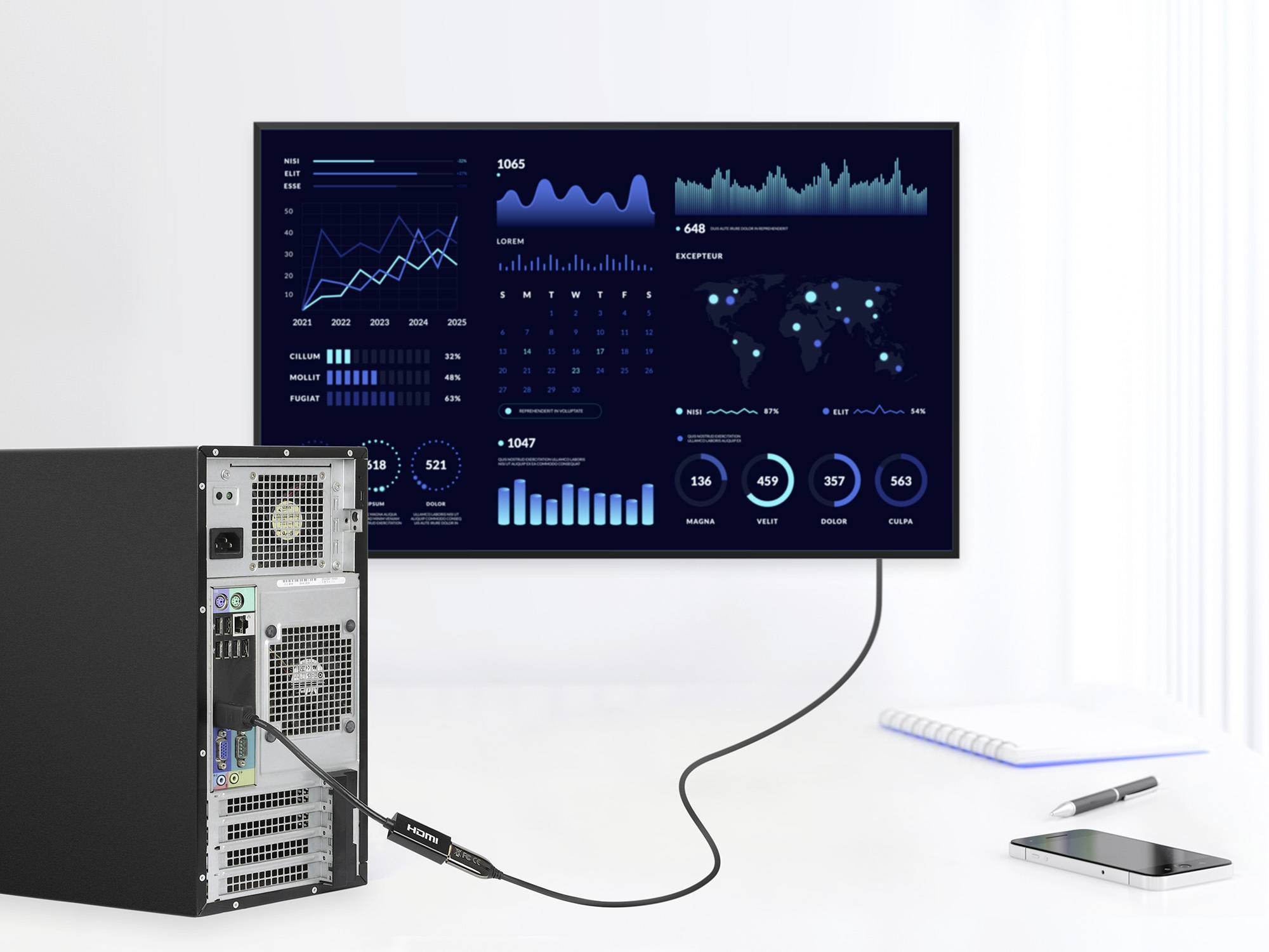 A computer is connected to a screen displaying data analyses. Diagrams and graphics visualise trends and statistics.