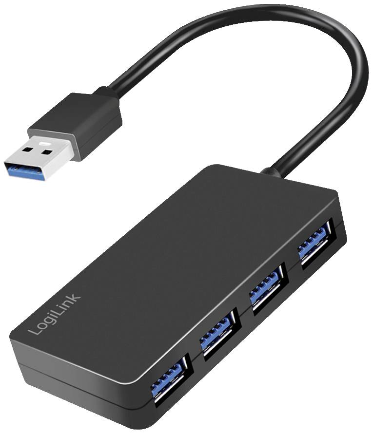 A black USB hub with four USB ports and a connecting cable for connecting to the computer.